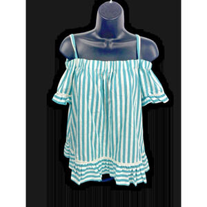 Vintage 80s Off Shoulder Top Shirt Blue Green White Stripe Preppy Coastal 14 XL